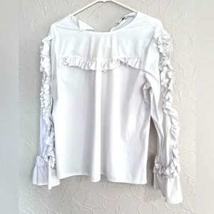 Moelleux Ruffled Long Sleeve Blouse White Bell Sleeve Women's Size Medium